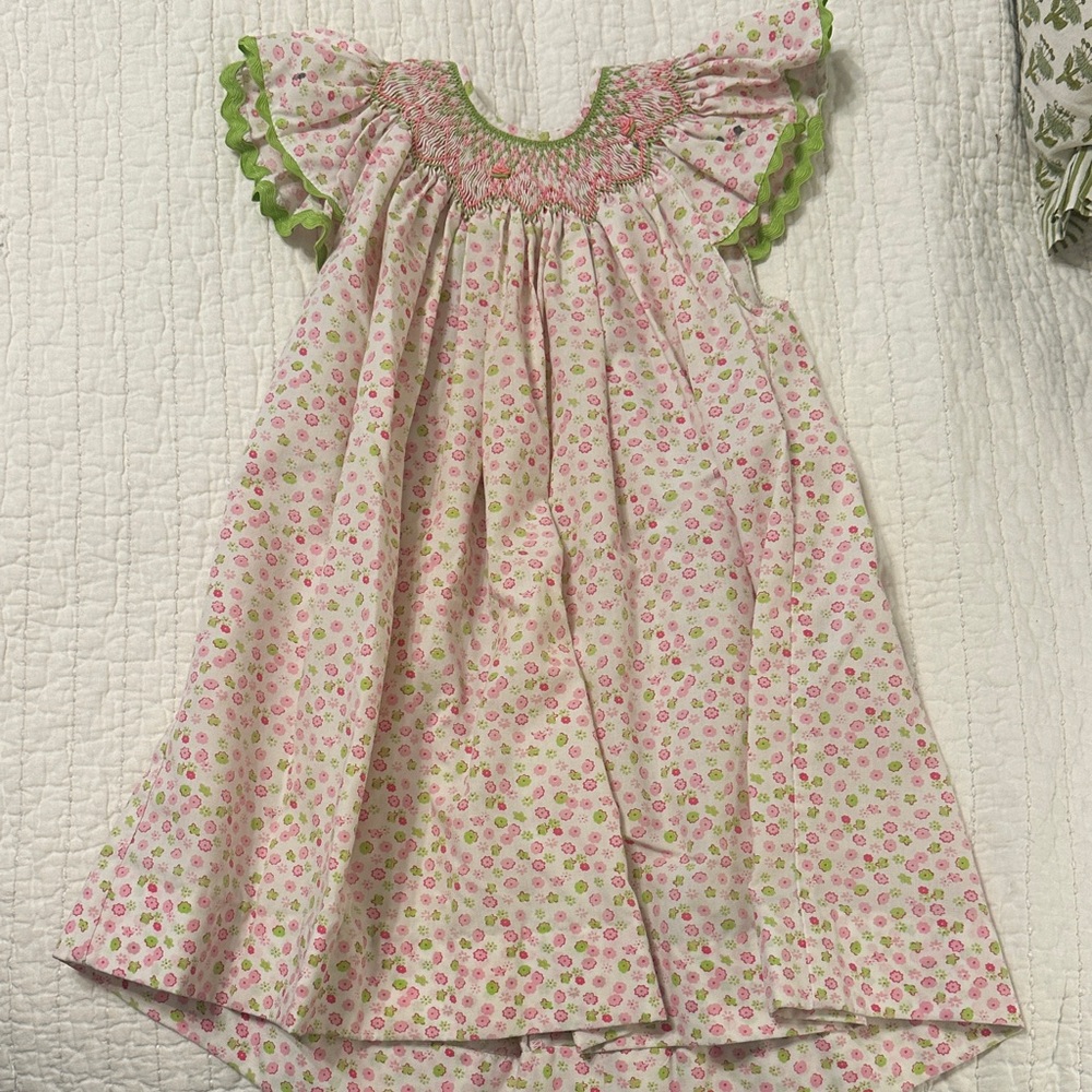 Girls Pink Floral Smocked Flutter Sleeve Dress